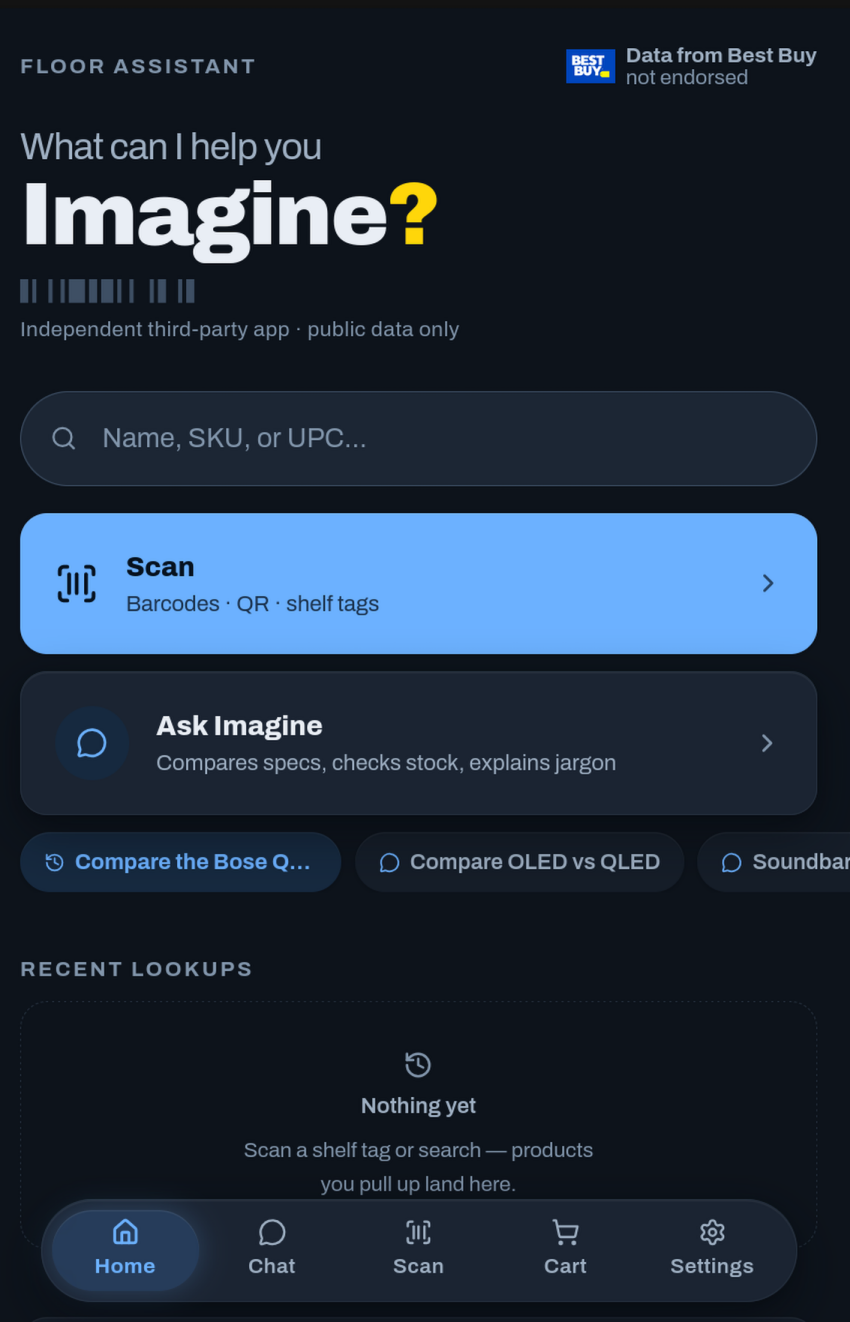 Landing page of The Imagine App