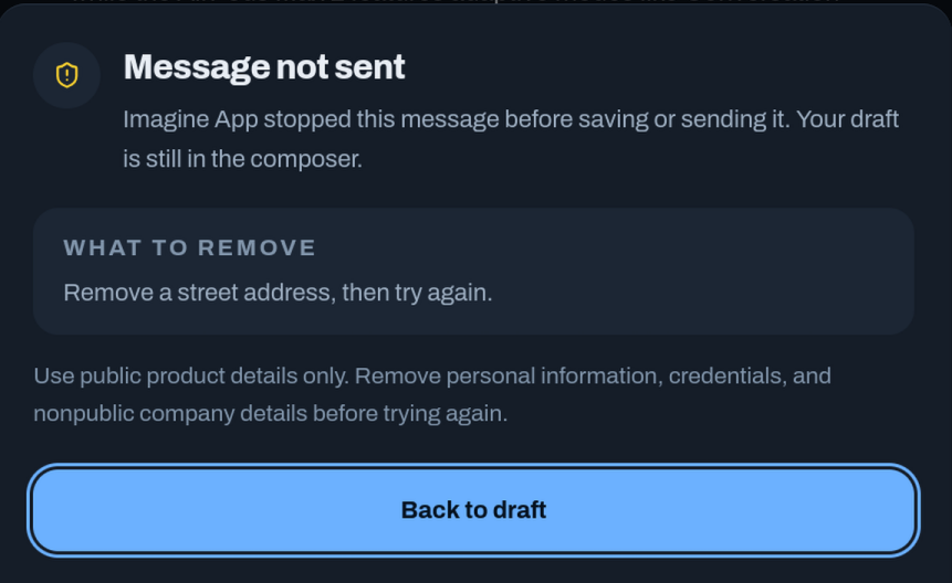 A warning asking the user to remove a street address before sending a chat message